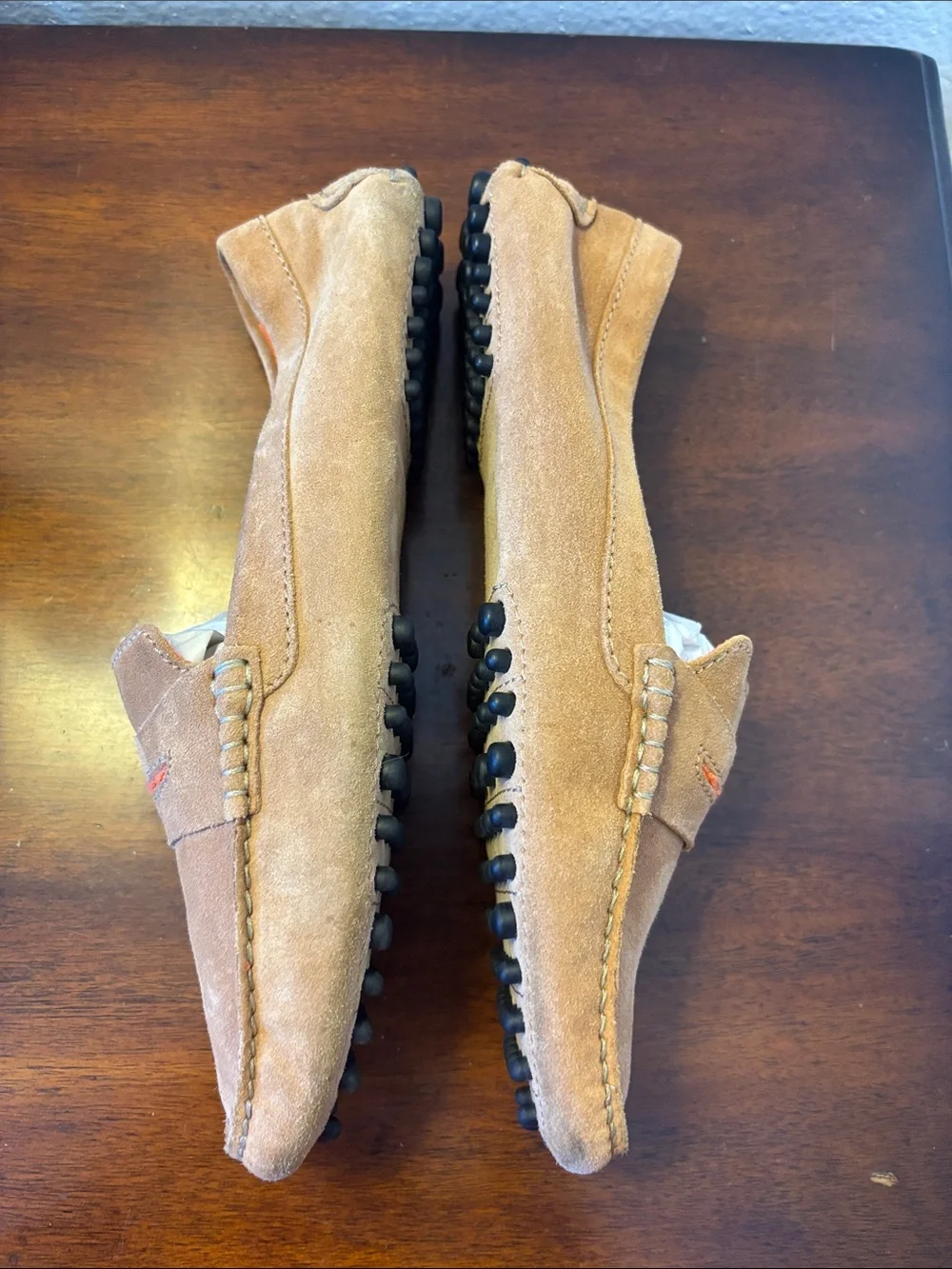 Manolo Blahnik brown Suede Penny Loafers with Orange Accent
